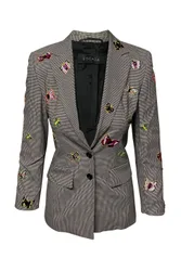 Women's Preloved Beaded Houndstooth Trouser Suit Set in Grey Wool Size: 34 - Grey - Size: 34