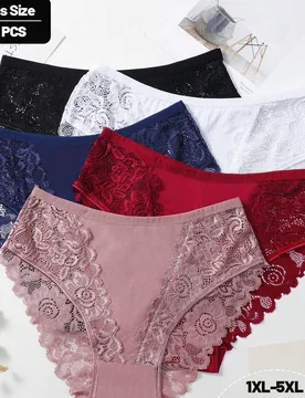 Set de 5 bragas de algodón con encaje romántico de contraste talla grande para mujeres - Shein - FashionsVida