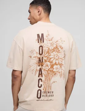 Men's Oversized Extended Neck Monaco Floral Printed T-Shirt Sand Size Large Sand L - boohooMAN - FashionsVida
