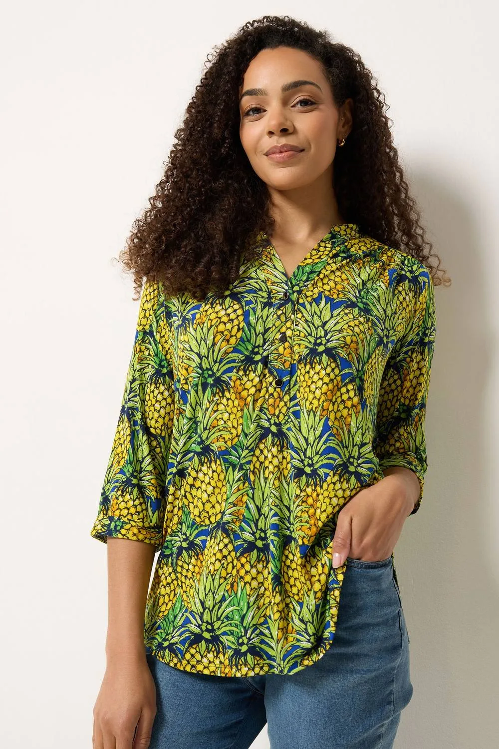 Pineapple Half Placket Shirt - Multicolor - Size: 20 - M&Co - FashionsVida