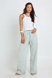 Womens Tall Broderie Low Rise Wide Leg Trouser - Green Linen - Size 8 Uk
