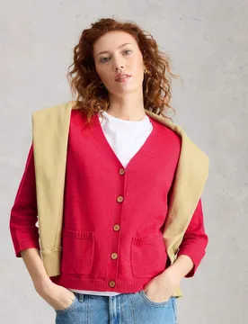 Cotton Rich V-Neck Cardigan with Linen Pink female - White stuff - FashionsVida