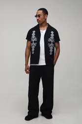 Herren Strukturiertes Besticktes Reguläres Hemd & Weite Hosen-Set Black Größe Large