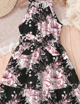 Vestido midi sin mangas con estampado floral, dobladillo con volantes y cinturón ajustable en la cintura para niñas, conjunto casual para vacaciones - Shein - FashionsVida