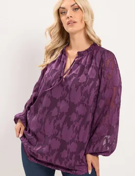 Women's Frill Neck Abstract Textured Blouse in Purple Size: 12 - Purple - Size: 12 - Yours - FashionsVida