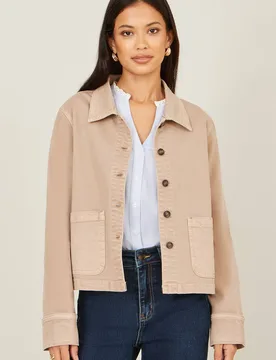 Women's Beige Canvas Jacket With Patch Pockets Size: 10 - Beige - Size: 10 - Yumi - FashionsVida