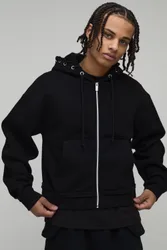Mens Shrunken Fit Zip Thru Hoodie - Black Cotton - Size Medium