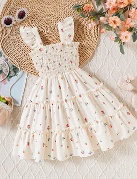 Vestido de verano con estampado floral diminuto para niña, con mangas de vuelo delicadas, diseño de dobladillo y cintura, adecuado para uso casual, - Shein - FashionsVida