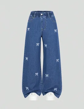 Jeans de mezclilla para niñas preadolescentes, color azul medio, cintura elástica con diseño de cierre de botones, pantalones de mezclilla cómodos - Shein - FashionsVida