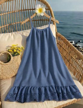 Vestido de tirantes para niña preadolescente de verano azul claro con estampado lindo de limones, vestido de vacaciones fresco con volantes en forma