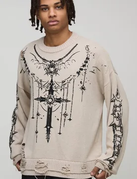 Men's Boxy Gothic Distressed Knitted Jumper Ecru Size Medium Ecru M - boohooMAN - FashionsVida