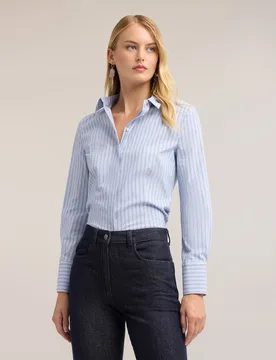 Camisa de mujer de popelina a rayas ajuste entallado cierre frontal con botonadura oculta - Motivi - FashionsVida
