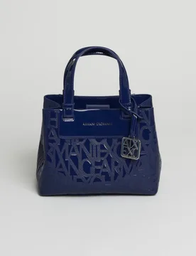 Borsa a mano Exchange blu China in similpelle con lettering in rilievo e tracolla removibile - Armani - FashionsVida