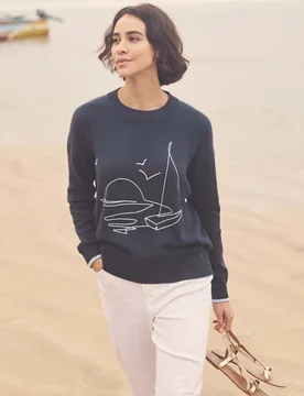 Lauro Womens Embroidered Crew Knit Jumper - - Size: 18 - Weird Fish - FashionsVida