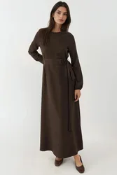 Womens Long Sleeve Maxi Dress Arched Detail - Mocha - Size X-Small