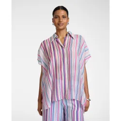 Camisa de mujer oversize de mezcla de liocel a rayas ajuste oversize con línea amplia y dobladillo asimétrico