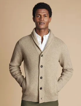 Pure Merino Wool Shawl Collar Cardigan Natural male - Charles Tyrwhitt - FashionsVida