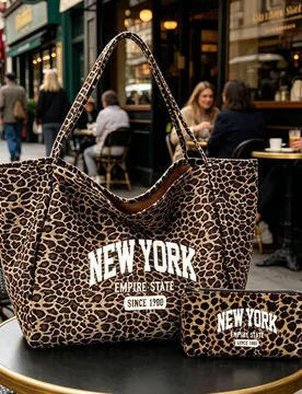 Bolso Tote de Gran Capacidad con Estampado de Leopardo y Patrón de Letras "NEW YORK", Bolso de Hombro de Moda, Estampado de Leopardo Vintage, Bolso T - Shein - FashionsVida