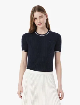 Maglia a maniche corte blu in cotone a trecce con scollo a giro e bordino - Lacoste - FashionsVida