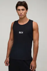 Mens Muscle Fit Cropped Sex Slogan Vest - Black Cotton - Size Large