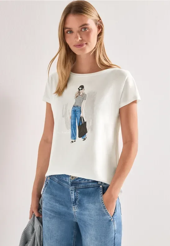 Dropped Shoulder Shirt mit Frontprint female Weiß - Street One - FashionsVida