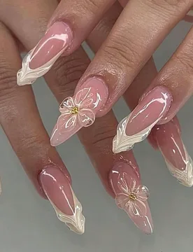Piezas de arte de uñas francés en forma de almendra hecho a mano en 3D, arte de uñas florales 3D, arte de uñas francés cromado, uñas postizas en - Shein - FashionsVida