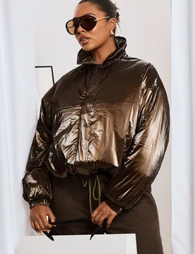 Womens Plus High Shine Puffer Jacket - Brown - Size 22 Uk - Boohoo - FashionsVida