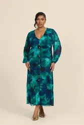 Curve Abstract Floral Button Front Midi Dress - Green - Size: 30-32