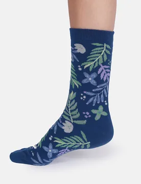 Summer Leaves Bamboo Crew Socks - Ink Blue - UK4-7 - Thought - FashionsVida