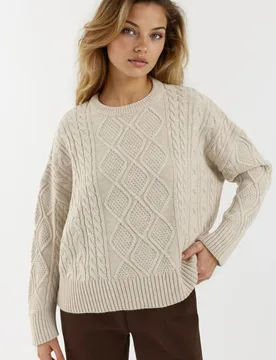 Womens Hair Braid Detailed Crew Neck Sweater - Natural - Size Large - Hiccup - FashionsVida