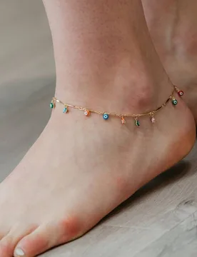 Women's Dainty Colourful Evil Eye Beaded Dangly Protection Foot Anklet in Gold Size: 8 - Gold - Size: 8 - The Colourful Aura - FashionsVida