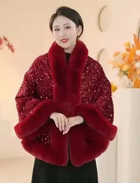 New Autumn and Winter Sequined Fur Collar Cape Shawl with Thick Velvet Outer Layer Fashionable Jacket for Women - Aliexpress - FashionsVida