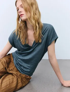 Camiseta lino cuello mao - Tintoretto - FashionsVida