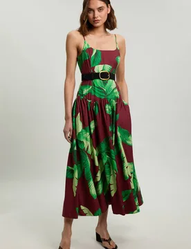 Women's Viscose Linen Palm Tree Belted Drop Waist Woven Midi Dress Size: 18 - Multicolor - Size: 18 - Karen millen - FashionsVida