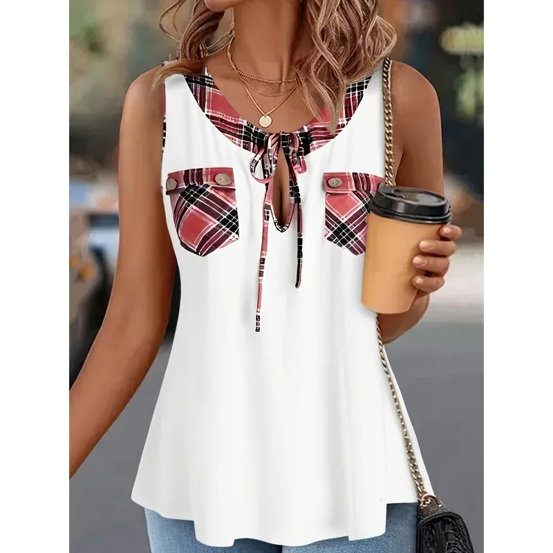 Plus Size, Plus-size Women's Plaid Patchwork Pocket Button-tie Sleeveless Top - Aliexpress - FashionsVida