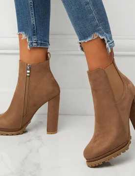 Botines de mujer de puntera redonda con cremallera lateral, cómodos de tacón alto, estilo Chelsea versátil de suela sintética, para otoño/inviern - Shein - FashionsVida