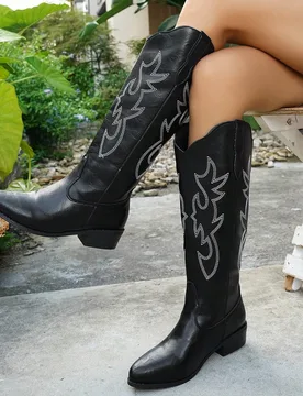 Botas vaqueras de mujer de moda de otoño/invierno, negras con bordados occidentales, bordados blancos, realzan la presencia y alargan las piernas, el - Shein - FashionsVida