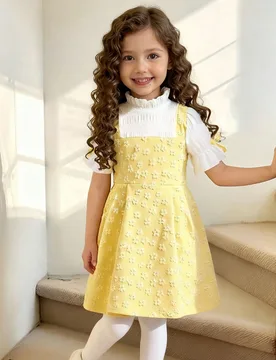 Vestido corto de manga corta elegante con cuello Mao, bloque de color, decoración floral y lazo para niña joven - Shein - FashionsVida