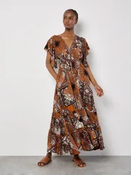 Patchwork Ruffle Tiered Midi Dress - Orange - Size: 8