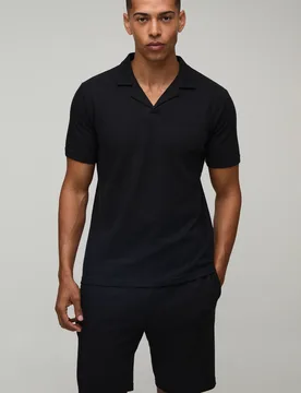Men's Slim Fit Waffle Revere Polo & Shorts Set Black Size X-Small Black XS - boohooMAN - FashionsVida