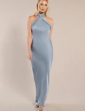 Roma Dress in Pale Blue Satin — Halterneck Maxi Bridesmaid Dress - 8 - Rewritten - FashionsVida