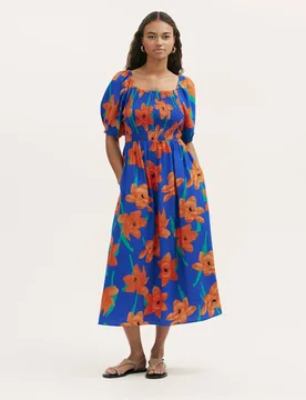 Floral Square Neck Midi Shirred Dress Blue Mix female - Finery London - FashionsVida