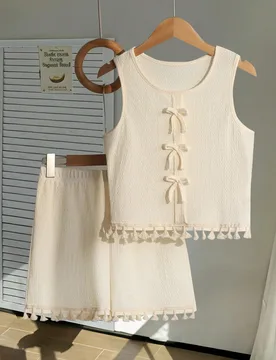 Set de 2 piezas con top corto sin mangas con lazo a rayas + shorts con volantes para niñas adolescentes, estilo dulce y picante, diseño sin forro, a - Shein - FashionsVida