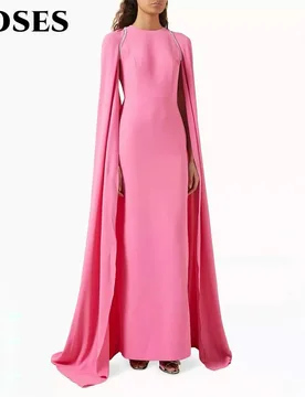 ROSES Pink Satin Prom Dress O Neck Celebrity Dresses with Embellished Cape Sleeve Women's Evening Dress for Gala Customized - Aliexpress - FashionsVida