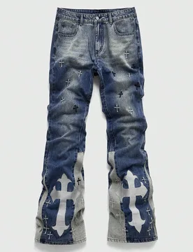 Jeans acampanados de moda casual para hombres con lavado y estampado de cruz - Shein - FashionsVida
