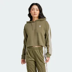 Womens Adicolor 3-Stripes Short Hoodie - Khaki Cotton - Size Small