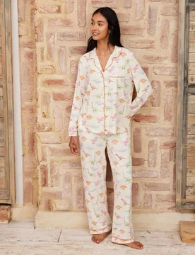 Dinosaur Print Pyjama Set White Mix female - Chelsea Peers - FashionsVida