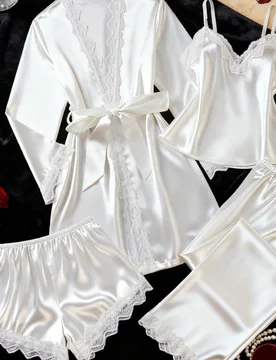 Conjunto de pijama de 4 piezas de unicolor con patchwork de satén & encaje, bata de manga larga + top halter con cuello en V + pantalones cortos + pa - Shein - FashionsVida