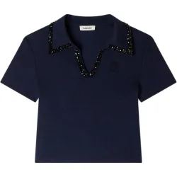 Polo de mujer corto 100% algodón con cuello de pedrería