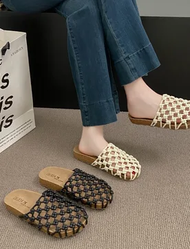 Hand Woven Hollow Out Mules Slippers Women Closed Toe Flat Slip On Sandals Retro Breathable Casual Shoes For Beach Holiday - Aliexpress - FashionsVida